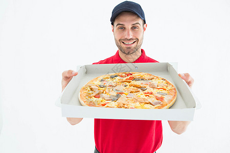 快乐快递员展示新鲜比萨饼披萨盒饮食送货送货员食物快递职业男人男性幸福图片