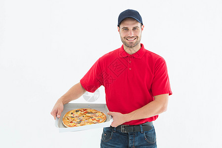 带新鲜披萨的快乐送货员诱惑服务邮递员工人送货篮球帽食物职业披萨盒饮食图片