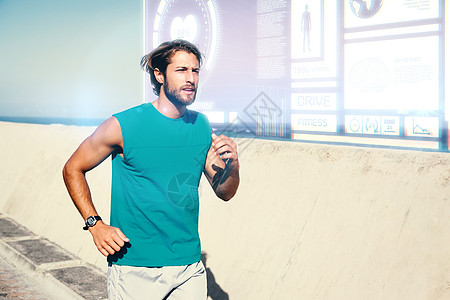 健壮男子在赛道上慢跑的复合图像绘图赛跑者护理海洋闲暇蓝色码头阳光运动服锻炼图片