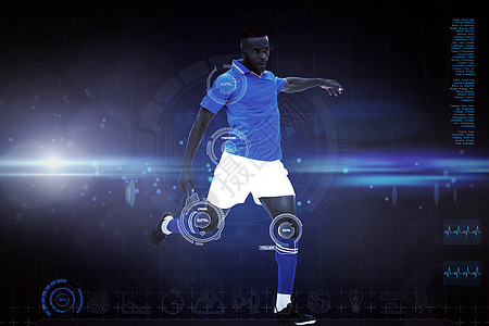 足球运动员的复合图象景点蓝色科技火花计算播放器活动监控数字未来派图片