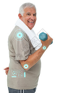 长者用哑铃锻炼的侧面图像综合组合图象电脑人员计算运动服肌肉护理老年科技男人头发图片
