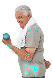 长者用哑铃锻炼的侧面图像综合组合图象毛巾训练退休电脑男人监控男性老年身体力量图片