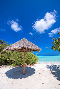 热带海滩 在绿绿海洋水上加草伞海岸蓝色闲暇稻草旅行椅子天空旅游海景阳伞图片