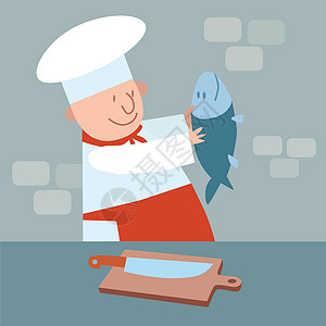 切鱼片厨师切新鲜鱼 厨房厨师插画