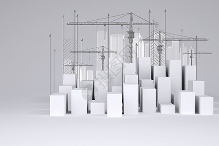 白色立方体 有铁丝架建筑 高塔起重机和向上箭的最小城市图片