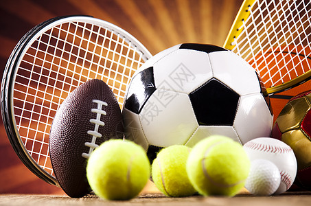 体育设备和阳光 生动多彩的主题足球棒球羽毛球橙子手球运动竞赛高尔夫球球拍网球图片