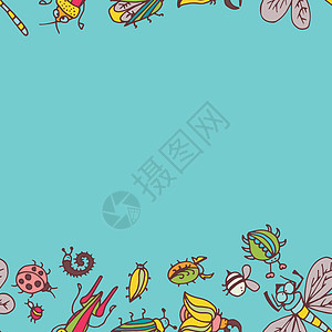 可爱的卡通昆虫边界图案 夏季概念背景绘画甲虫墙纸漏洞插图纺织品瓢虫场地蟑螂艺术背景图片