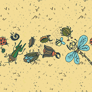 可爱的卡通昆虫边界图案 夏季概念背景乐趣毛虫瓢虫装饰品场地动物绘画墙纸纺织品蝴蝶背景图片