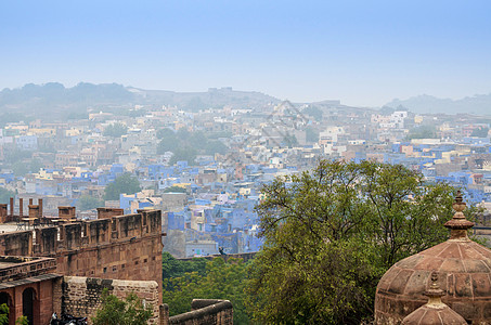 印度拉贾斯坦邦蓝色城市约德普尔Jodhpur阳台城堡巴士建筑学爬坡城市底狱壁画历史窗帘图片