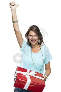 拥有红色礼物盒的快乐妇女展示派对庆典周年惊喜黑发包装丝带乐趣盒子图片