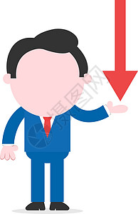 商务人士显示红箭指向下方向工作风险吉祥物男人市场金融插图卡通片商业职业图片