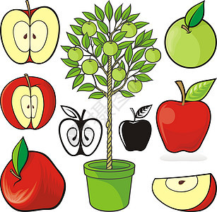 苹果图标食物红色绿色种子叶子插图水果背景图片