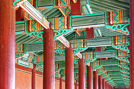 在韩国古宫殿的走廊文化旅游宗教石头历史性街道木头小路君主公园图片