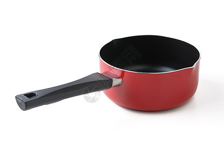 白上孤立的锅家庭厨具平底锅用具白色金属厨房工具汤锅红色图片
