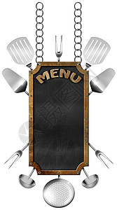 Foodu 菜单  带链条的黑板食谱金属美食风化横幅插图钢包厨房长方形招牌图片