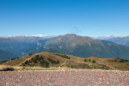 山地全景地平线高山风景山峰岩石冰川草地高度蓝色天空图片