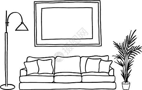 沙发和空白图片框 矢量模拟地面手绘插图棕榈休息室枕头家具艺术画廊草图图片