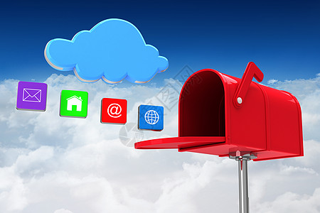 红色电子邮件邮箱的复合图像沟通蓝色邮政绘图阳光互联网高度邮件环境计算机图片