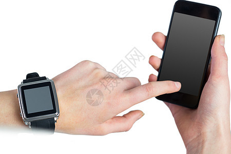 使用智能手机的妇女电话女性屏幕手表双手手腕技术背景图片