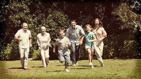 幸福的多代家庭向相机跑来奔向镜头绿地奶奶孙女赛车晴天女孩跑步成人农村孙子图片