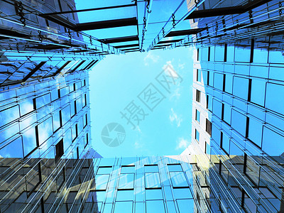 现代办公楼城市房子蓝色建筑办公室玻璃反射商业天空背景图片