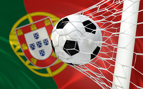 葡萄牙在目标网中挥舞旗帜和足球球图片