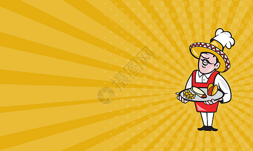 墨西哥厨师玉米薯片艺术品服务员盘子玉米片插图边帽男性工人卡通片男人图片
