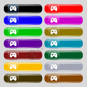 游戏杆图标符号 从14个多色的玻璃按钮中设定 并设置文本位置 矢量图片