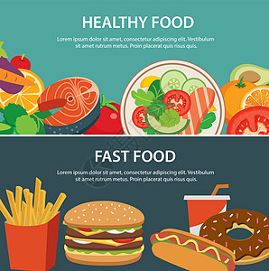 健康食品和快餐食品概念横幅设计胡椒垃圾厨房包子小吃餐厅水果薯条桌子午餐图片