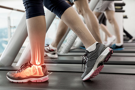 健身房运动运动车上妇女高压脚踝女士红色骨骼辉光娱乐跑步机跑鞋一条线工作室竞技背景