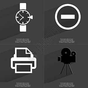 时钟 Minus标志 打印机 电影相机 长阴影符号背景图片