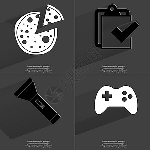 Pizza 任务完成图标 手电筒 Gamepad 有长阴影的符号 平面设计图片
