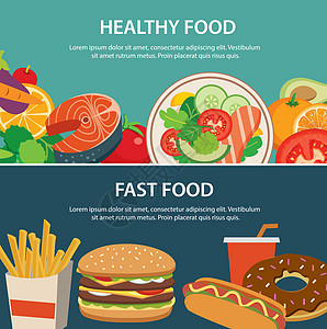 健康食品和快餐食品概念横幅设计健康小吃饮食垃圾桌子网络水果薯条沙拉餐厅图片