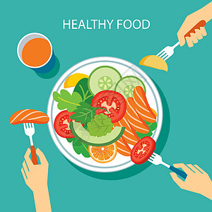 健康食品概念平面设计沙拉饮食午餐红色盘子插图菜单绿色营养美食图片