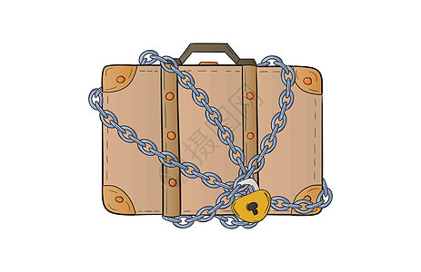 装有锁链和锁链的手提箱草图棕色卡通片商业白色公文包行李手绘涂鸦航程图片