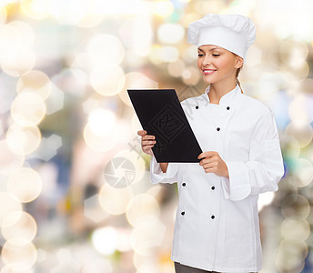 带黑白纸 微笑着的女厨师女士女性面包师成人床单工人美食菜单食物食谱图片
