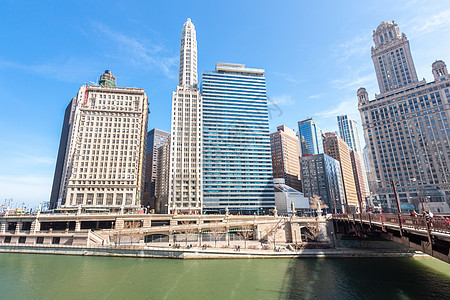 芝加哥市中心结构旅游住宅区市中心日落天空建筑学蓝色城市摩天大楼图片
