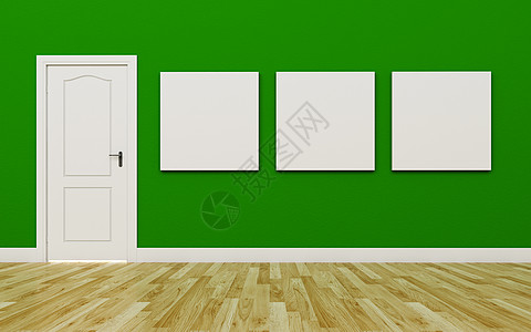 绿墙上封闭的白色门 三张空白海报图片