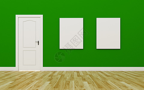 绿墙上封闭的白色门 两张空白海报图片