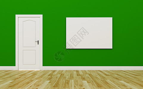 绿墙上封闭的白门 一张空白海报图片
