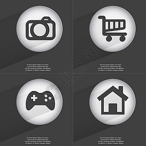 相机 购物车 Gamepad House 图标符号 一组带有平板设计的按钮 矢量图片