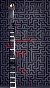 使用望远镜站在梯子上的商务人士的复合图像图象夹克商务头发商业数字迷宫套装男人进步人士图片