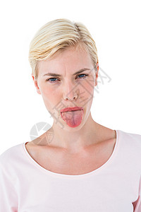 金发女人用舌头伸出来女性女士头发短发金发女郎浅色援手休闲服装图片