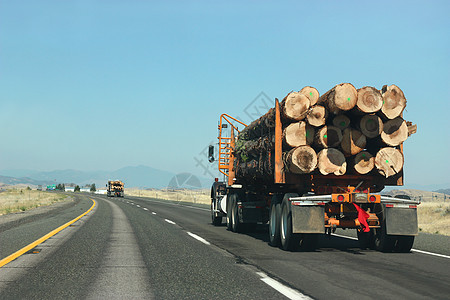 大卡车在公路上运输木柴图片