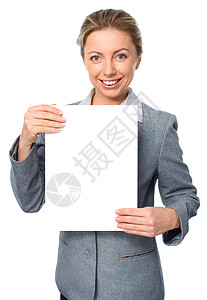 商业妇女画像 白白横幅空白木板工作室微笑广告牌女士女孩卡片女性管理人员广告图片