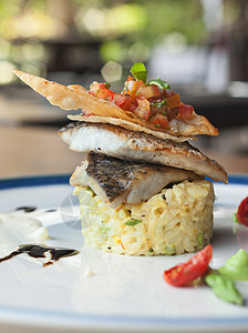 带蔬菜和大米的鱼贝司香料餐厅鱼片沙拉午餐美食鲈鱼油炸养分盘子图片