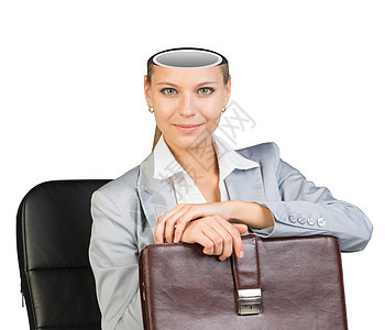 空头坐任女商务员夹克衬衫椅子手提箱图片