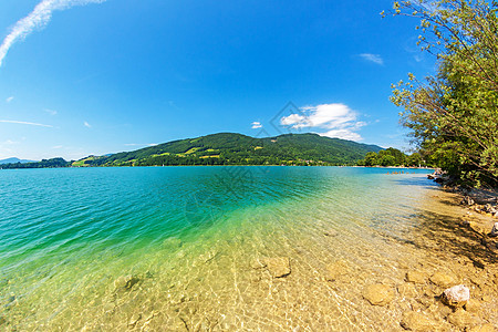 Atersee 亚特西生态镜子山脉蓝色空地反射树木山腰爬坡游泳图片