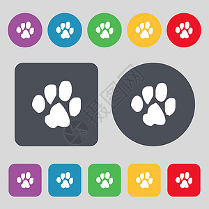 狗痕量图标符号 由 12 个彩色按钮组成 平坦设计 矢量图片