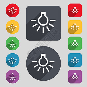 光灯灯泡图标符号 一组由12个彩色按钮和长阴影组成 平坦的设计 矢量图片